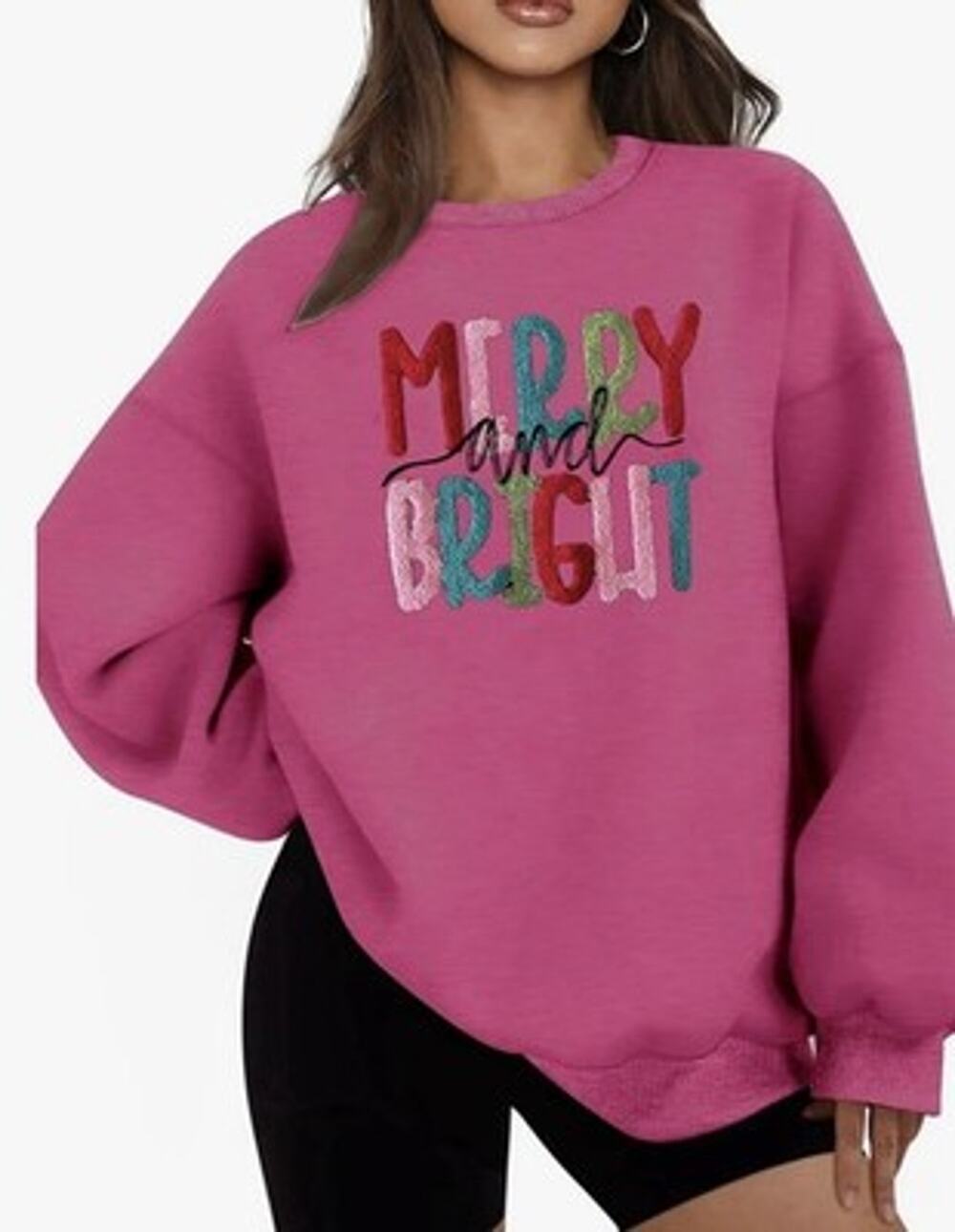 Christmas Sweatshirt Oversized Merry and Bright Pink Women’s S